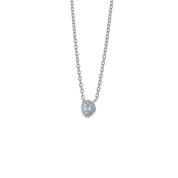 Side view of 0.25 carat blue halo pendant