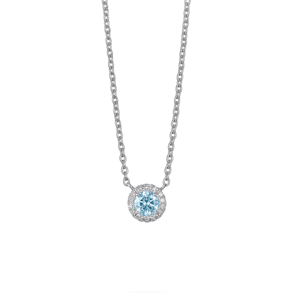 Front view of 0.5 carat blue halo pendant