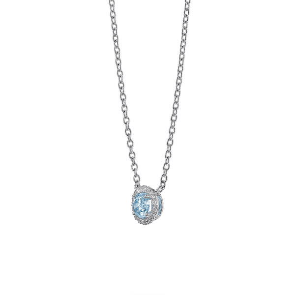 Side view of 0.5 carat blue halo pendant