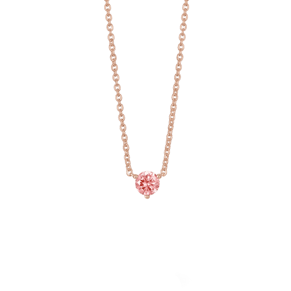 Front view of rose plated silver, 0.25 carat pink round brilliant pendant