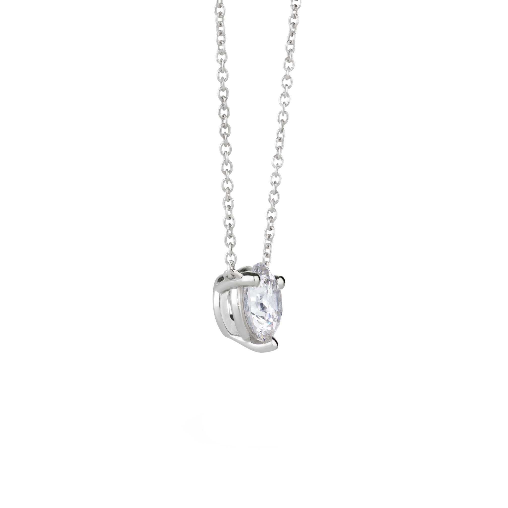 Side view of white gold, lab-grown 1 carat round brilliant pendant