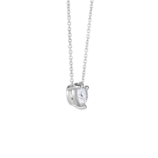 Side view of white gold, lab-grown 1 carat round brilliant pendant