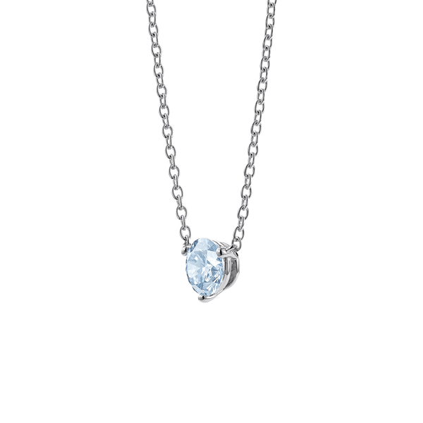 Side view of white gold, lab-grown blue 1 carat round brilliant pendant