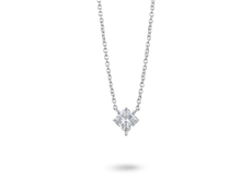 Front view of 10k white gold necklace with 1 and 1/8 carat princess cut white diamond