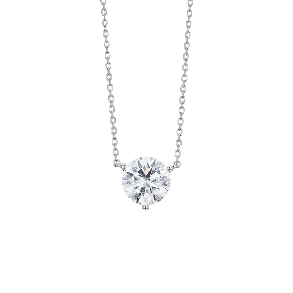 Front view of white gold, lab-grown 2 carat round brilliant pendant