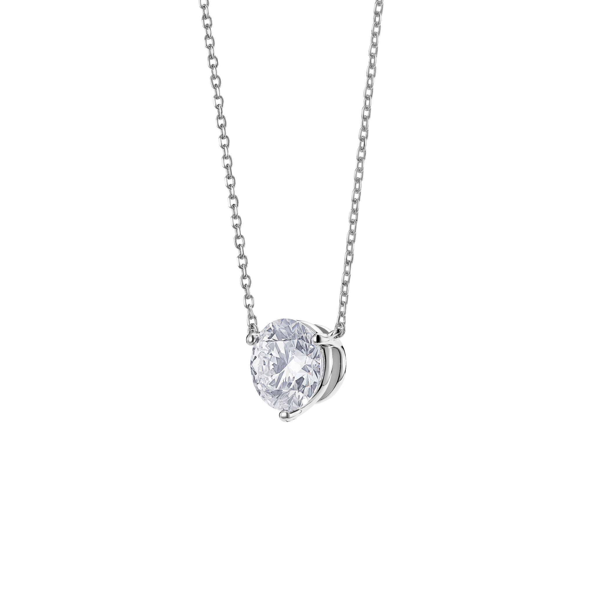 Side view of white gold, lab-grown 2 carat round brilliant pendant