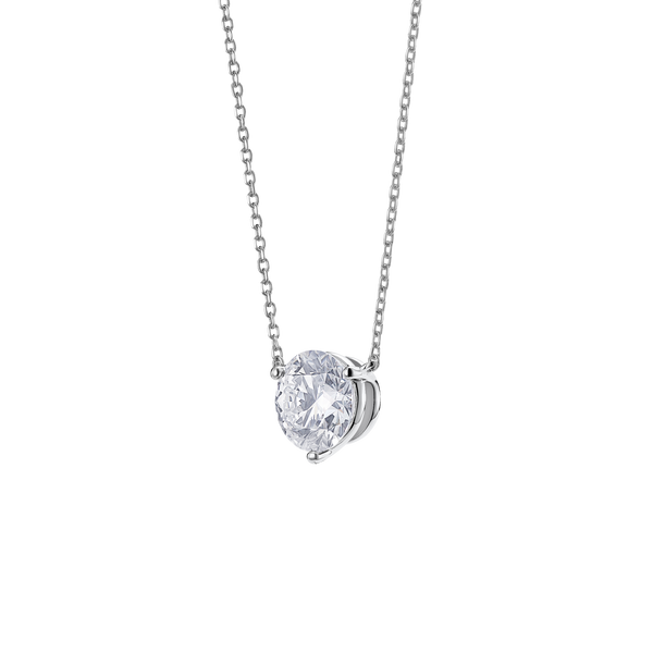 Side view of white gold, lab-grown 2 carat round brilliant pendant