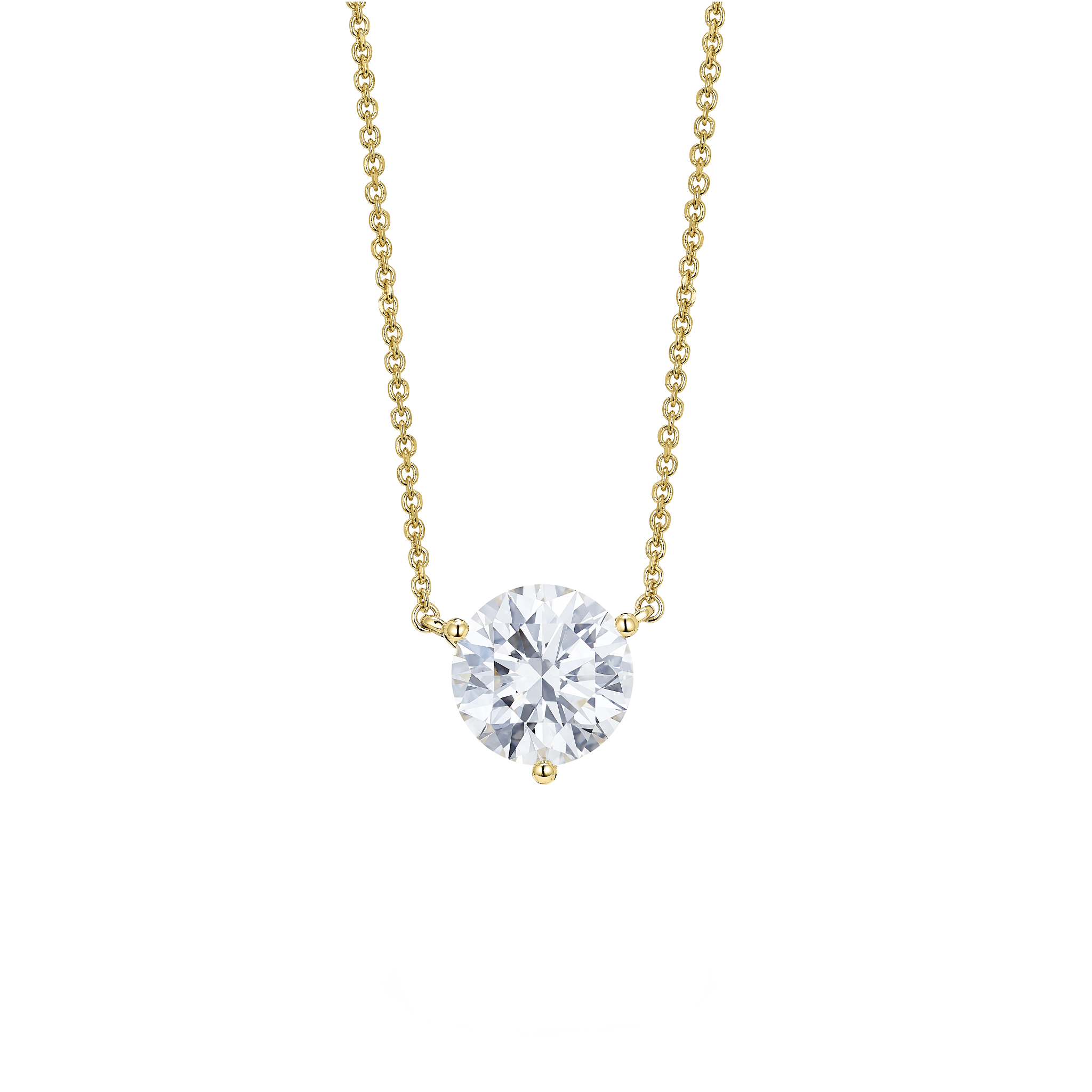 Front view of yellow gold, lab-grown 2 carat round brilliant pendant