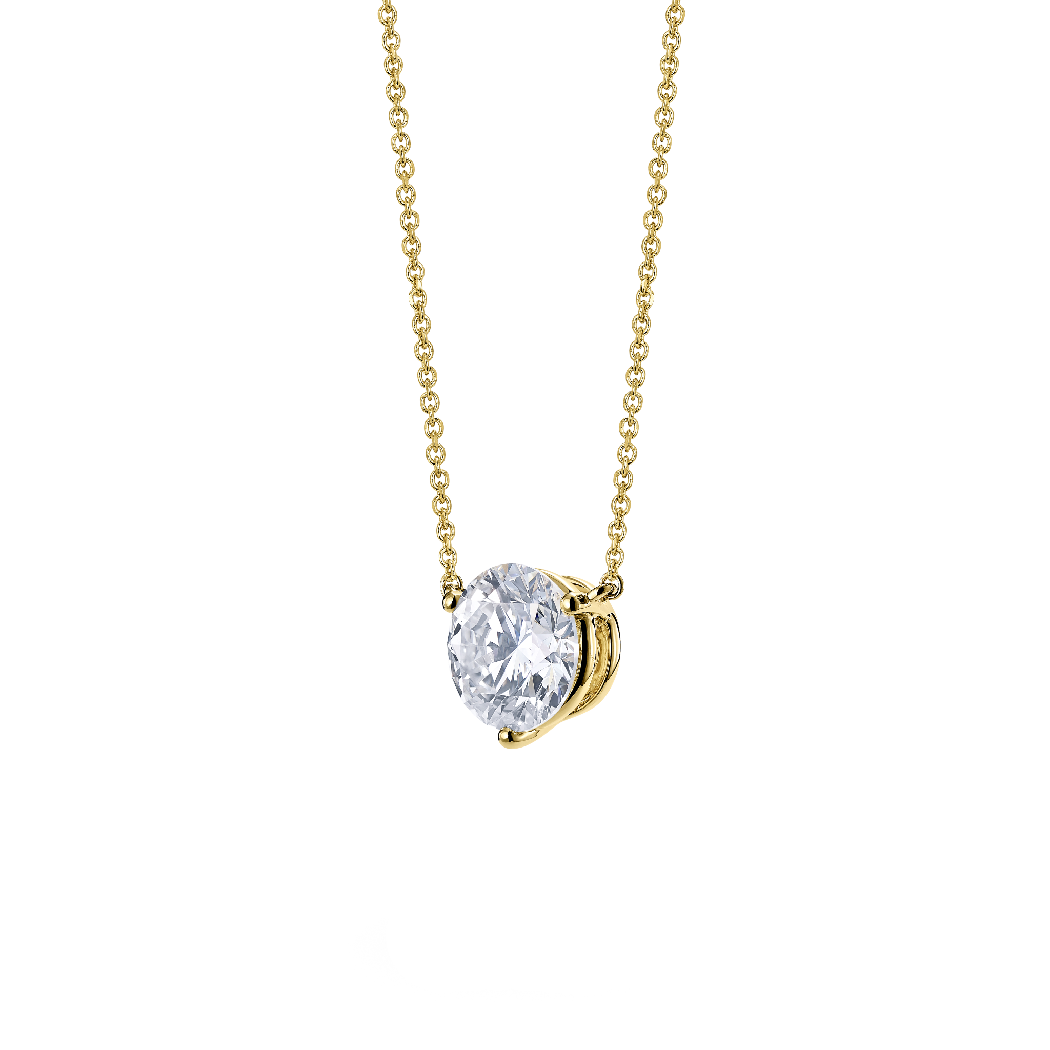 Side view of yellow gold, lab-grown 2 carat round brilliant pendant