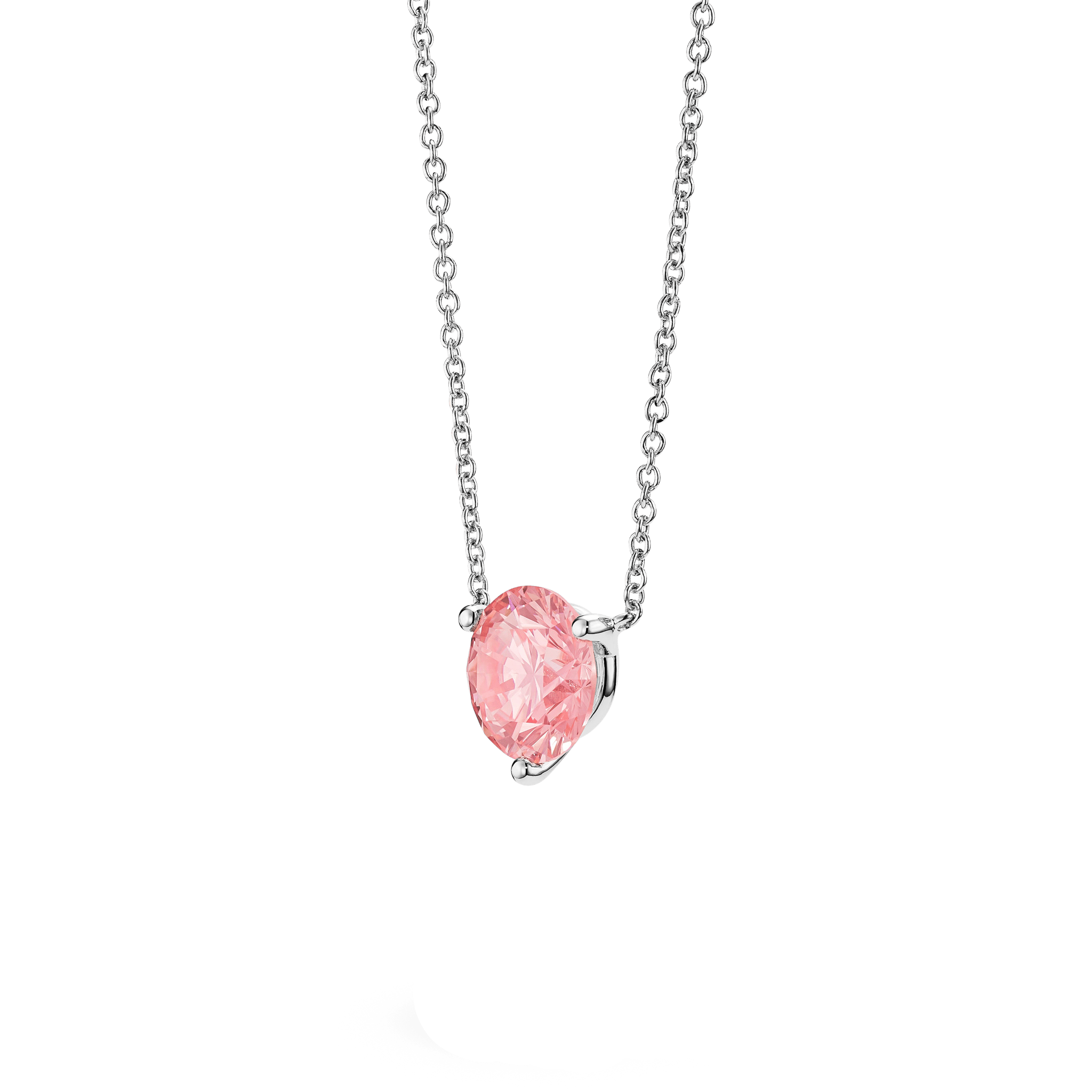 Side view of white gold, lab-grown pink 2 carat round brilliant pendant