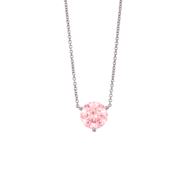 Front view of a pink round brilliant solitaire pendant in white gold