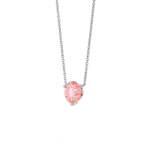 Side view of a pink round brilliant solitaire pendant in white gold