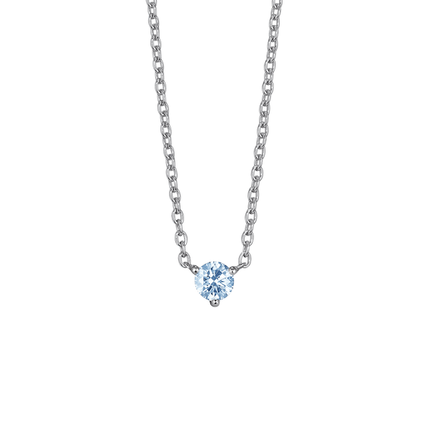 Front view of white gold, lab-grown blue 0.25 carat round brilliant pendant