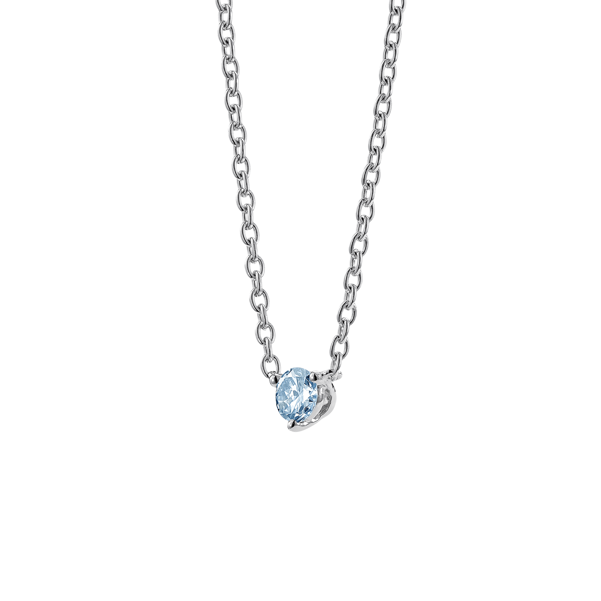 Side view of white gold, lab-grown blue 0.25 carat round brilliant pendant