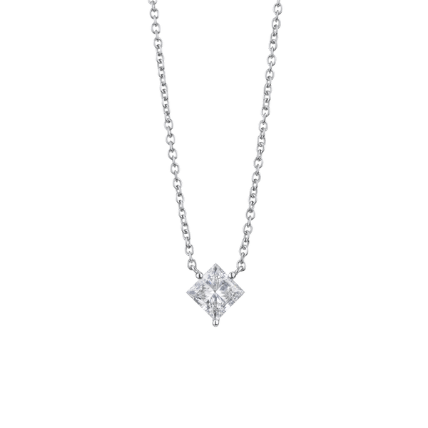 Front view of white gold 1 carat lab-grown princess cut pendant