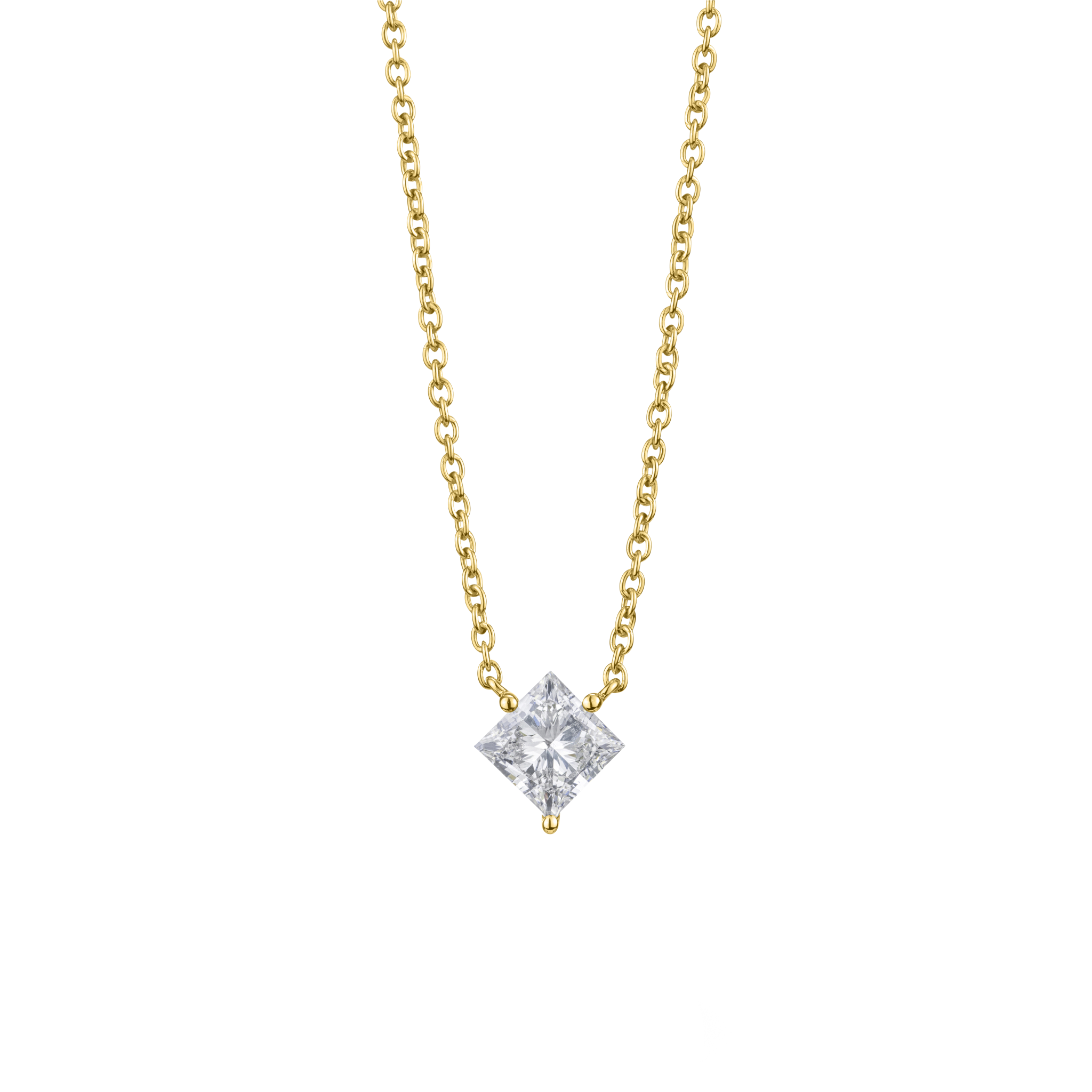 Front view of yellow gold 1 carat lab-grown princess cut pendant