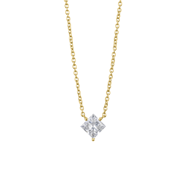 Front view of yellow gold 1 carat lab-grown princess cut pendant