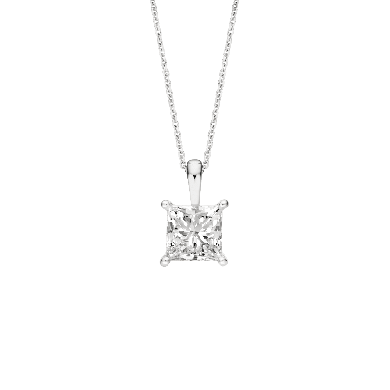 Front view of 2 carat princess cut pendant in white gold