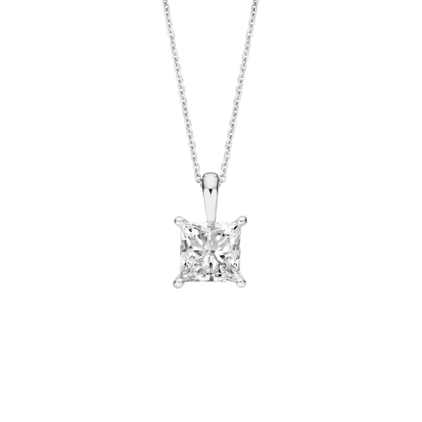 Front view of 2 carat princess cut pendant in white gold