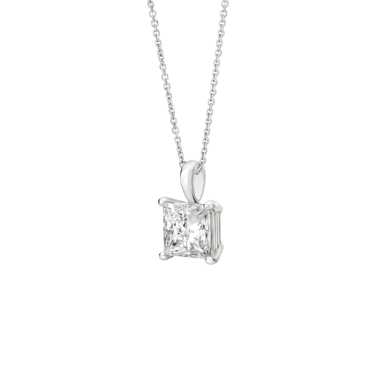 Side view of 2 carat princess cut pendant in white gold