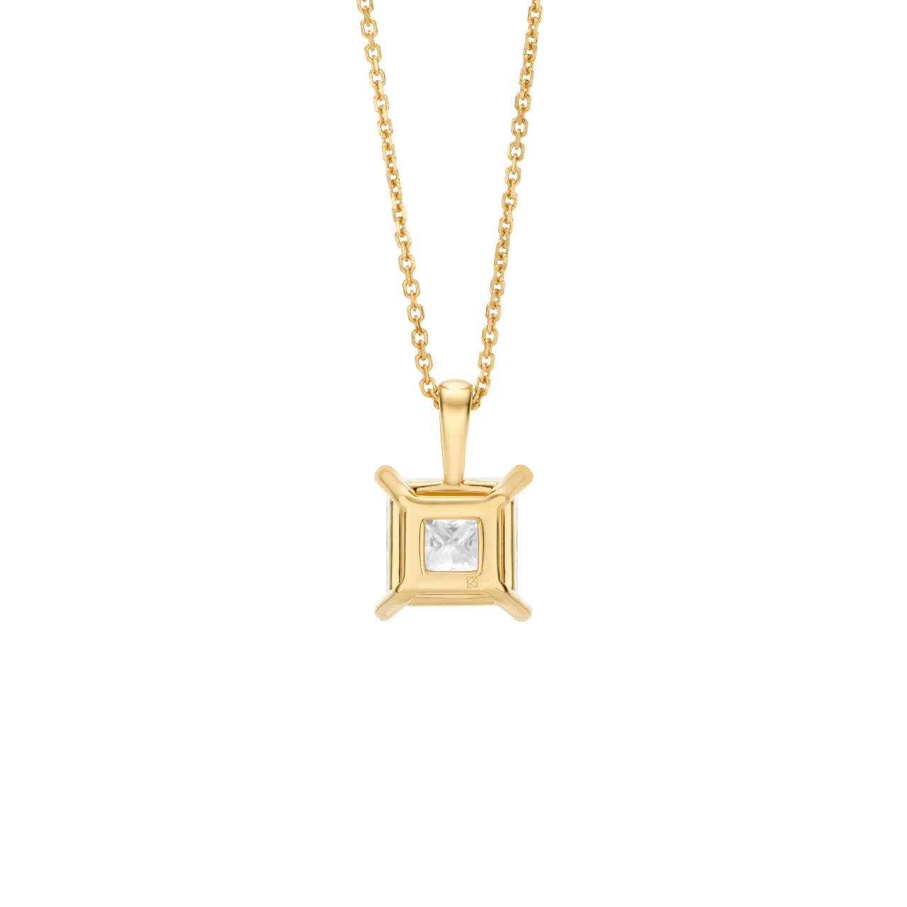 Back view of the 2 carat princess cut pendant in yellow gold