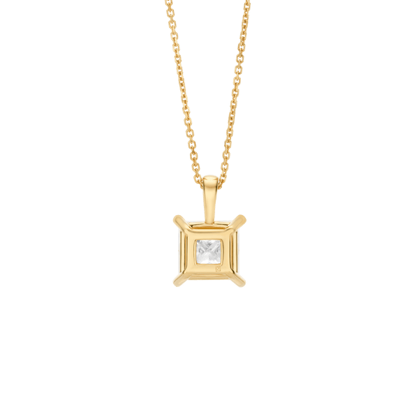 Back view of the 2 carat princess cut pendant in yellow gold