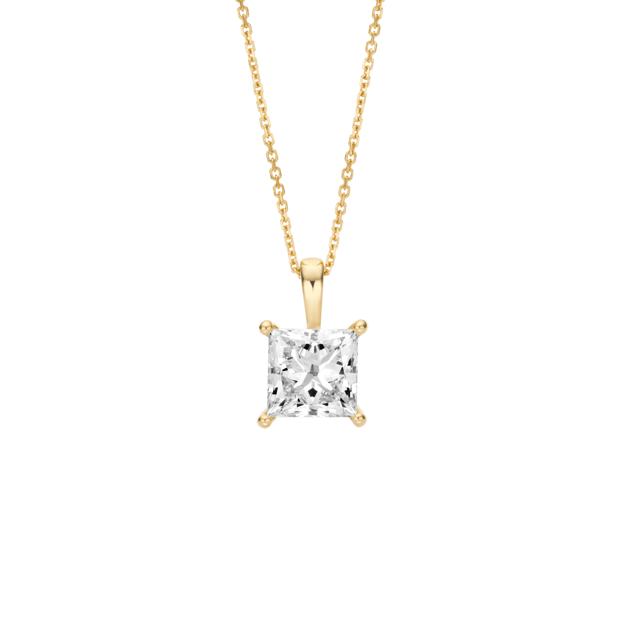 Front view of the 2 carat princess cut pendant in yellow gold