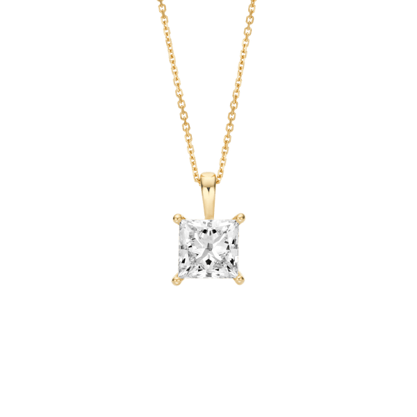 Front view of the 2 carat princess cut pendant in yellow gold