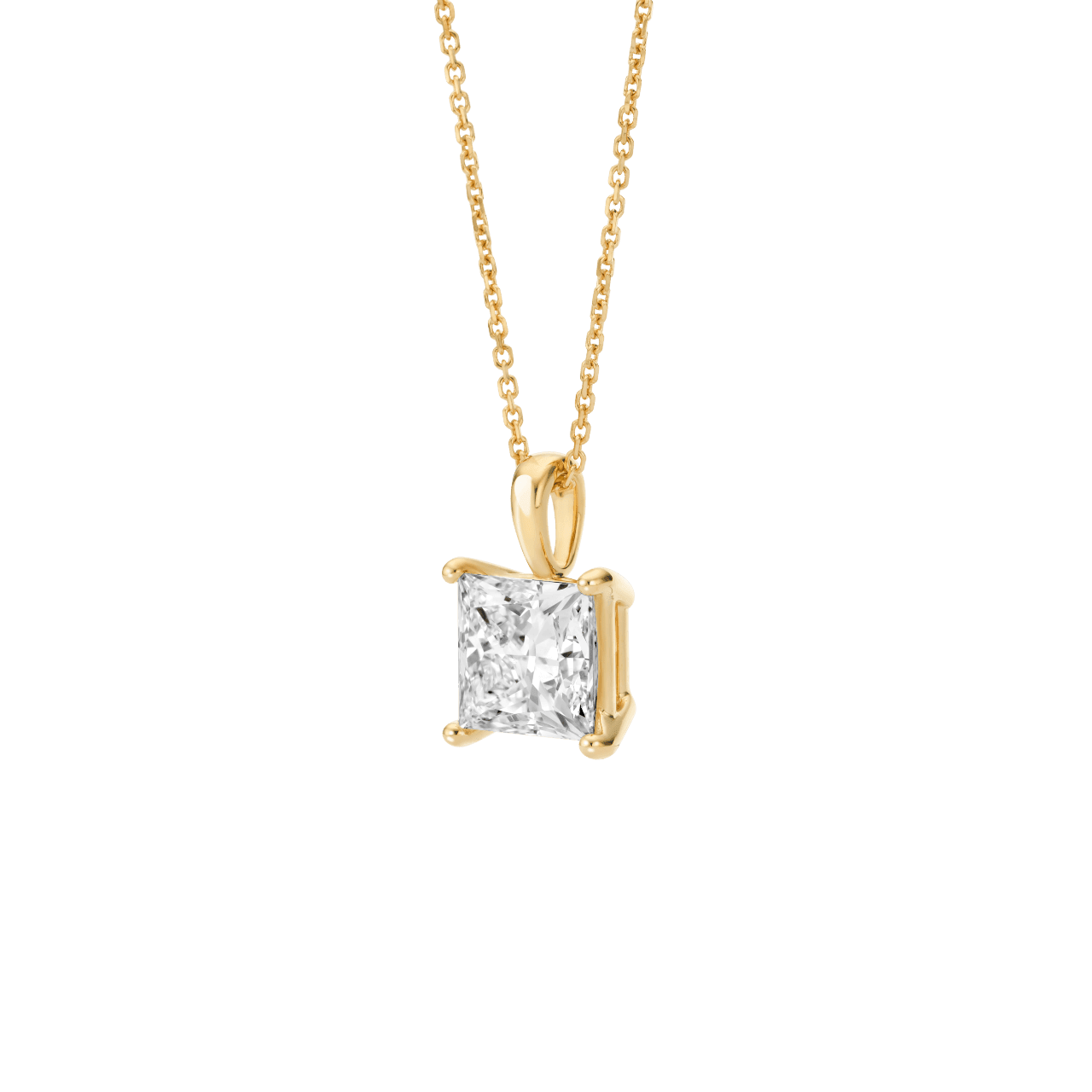 Side view of the 2 carat princess cut pendant in yellow gold