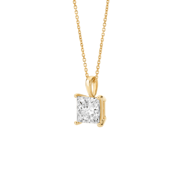 Side view of the 2 carat princess cut pendant in yellow gold