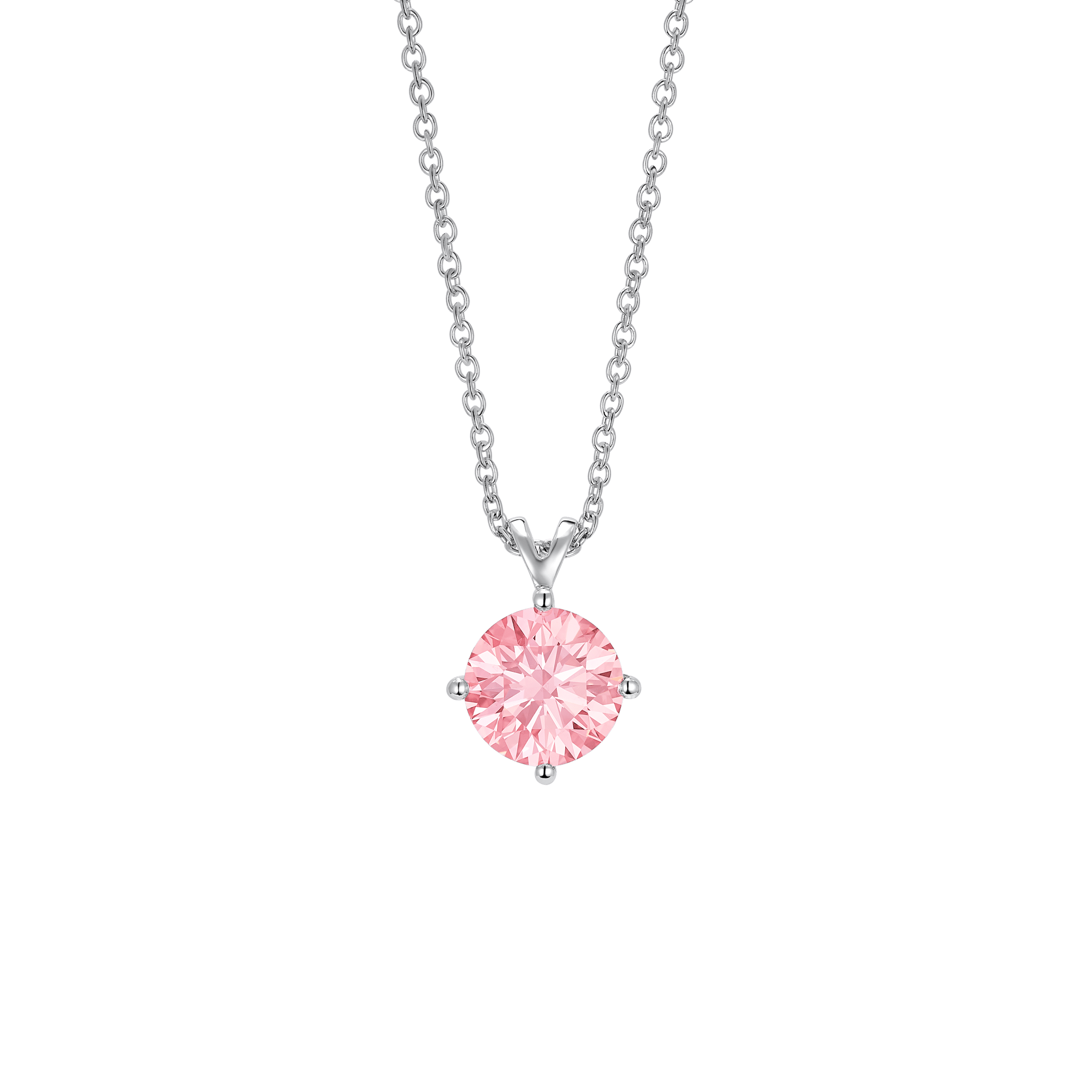 Front view of white gold, lab-grown pink 1 carat round brilliant bale pendant