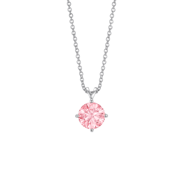 Front view of white gold, lab-grown pink 1 carat round brilliant bale pendant