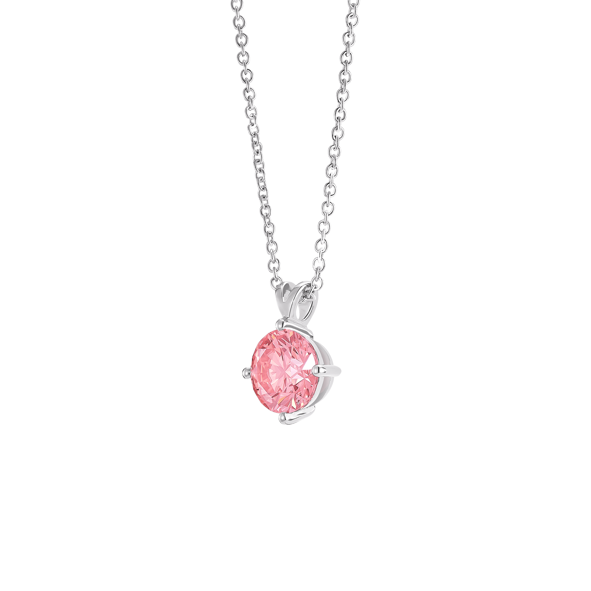 Side view of white gold, lab-grown pink 1 carat round brilliant bale pendant