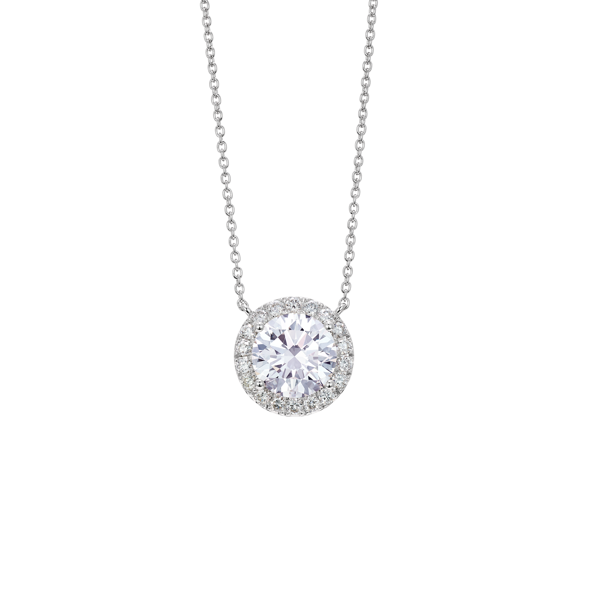 Front view of 2 carat total weight round brilliant halo pendant