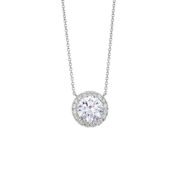 Front view of 2 carat total weight round brilliant halo pendant