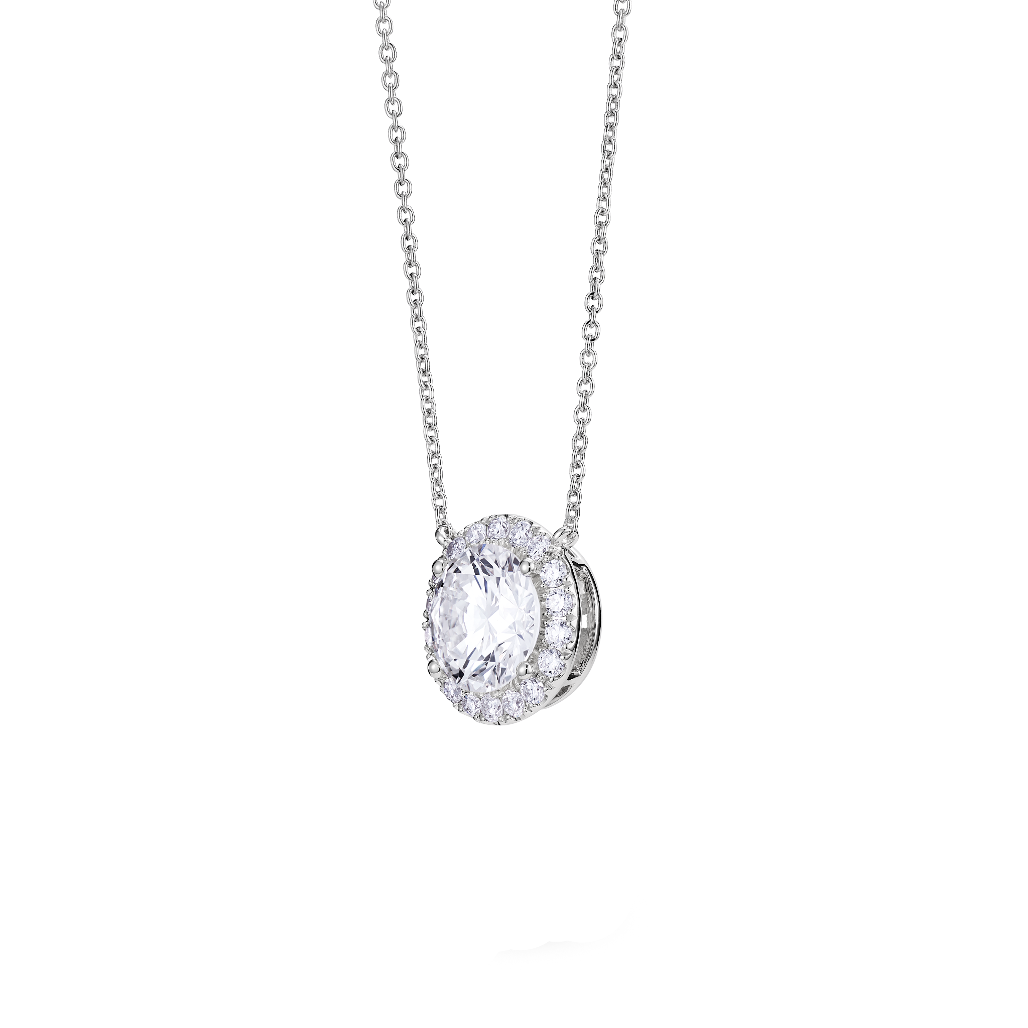 Side view of 2 carat total weight round brilliant halo pendant