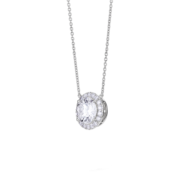 Side view of 2 carat total weight round brilliant halo pendant