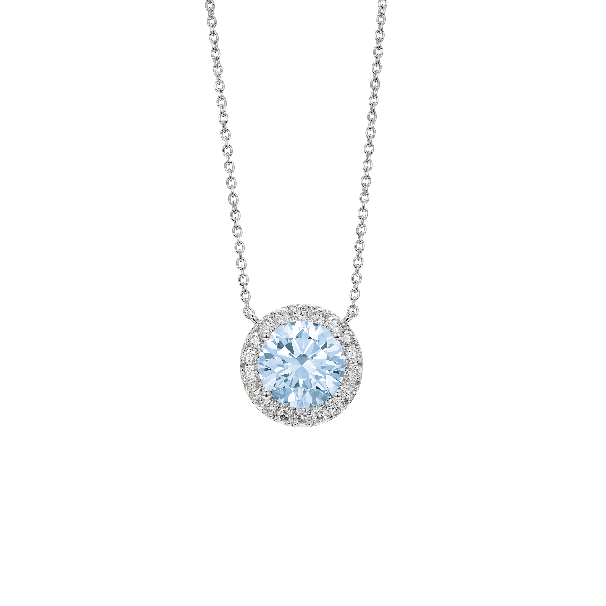 Front view of blue 2 carat total weight round brilliant halo pendant