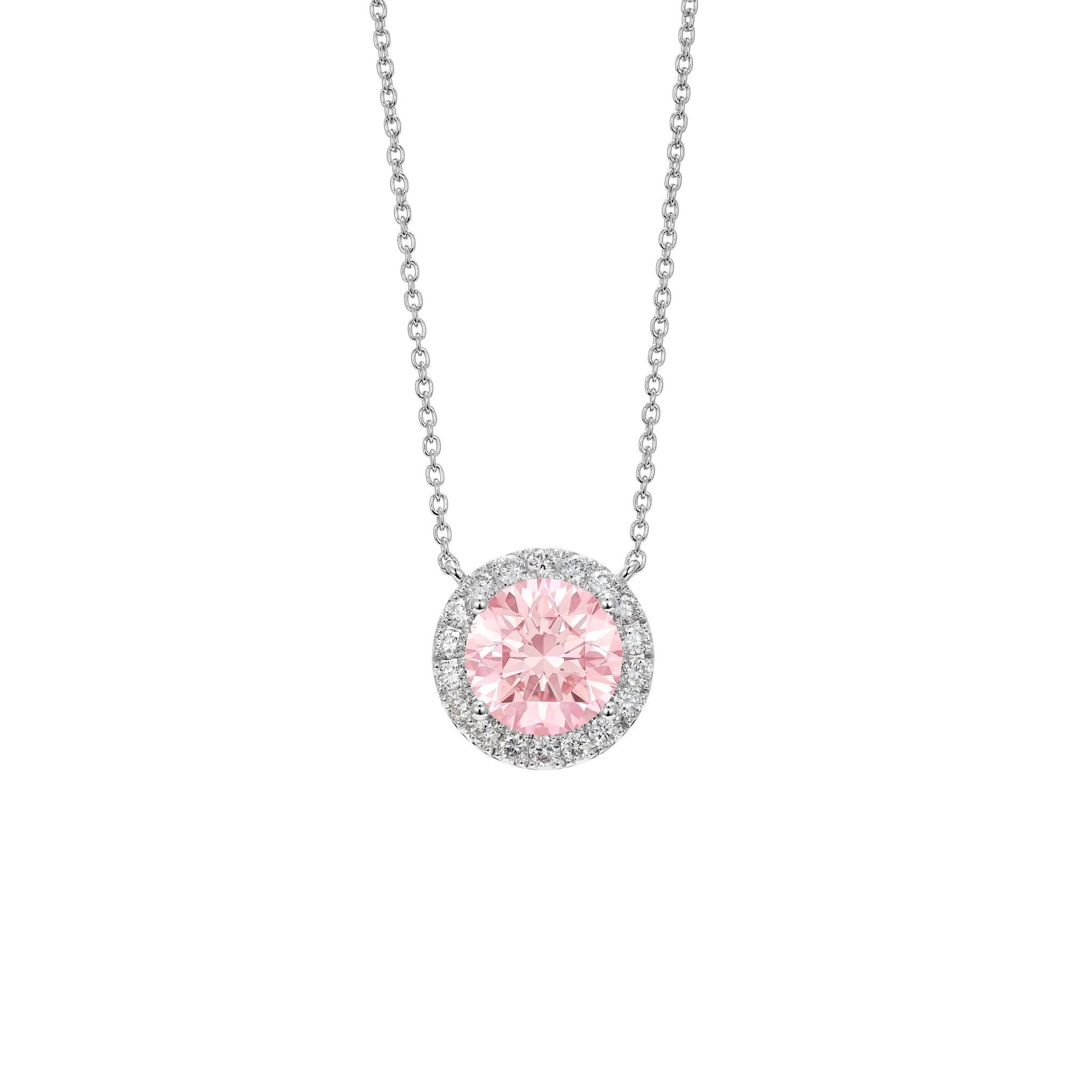 Side view of pink 2 carat total weight round brilliant halo pendant