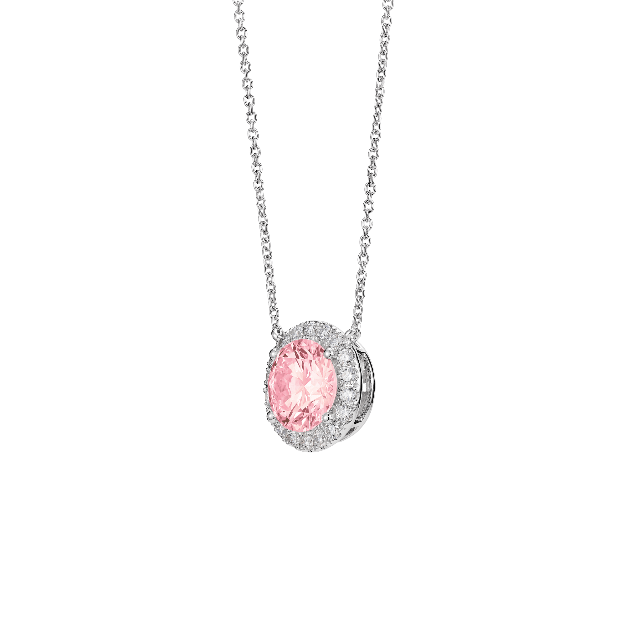 Side view of pink 2 carat total weight round brilliant halo pendant