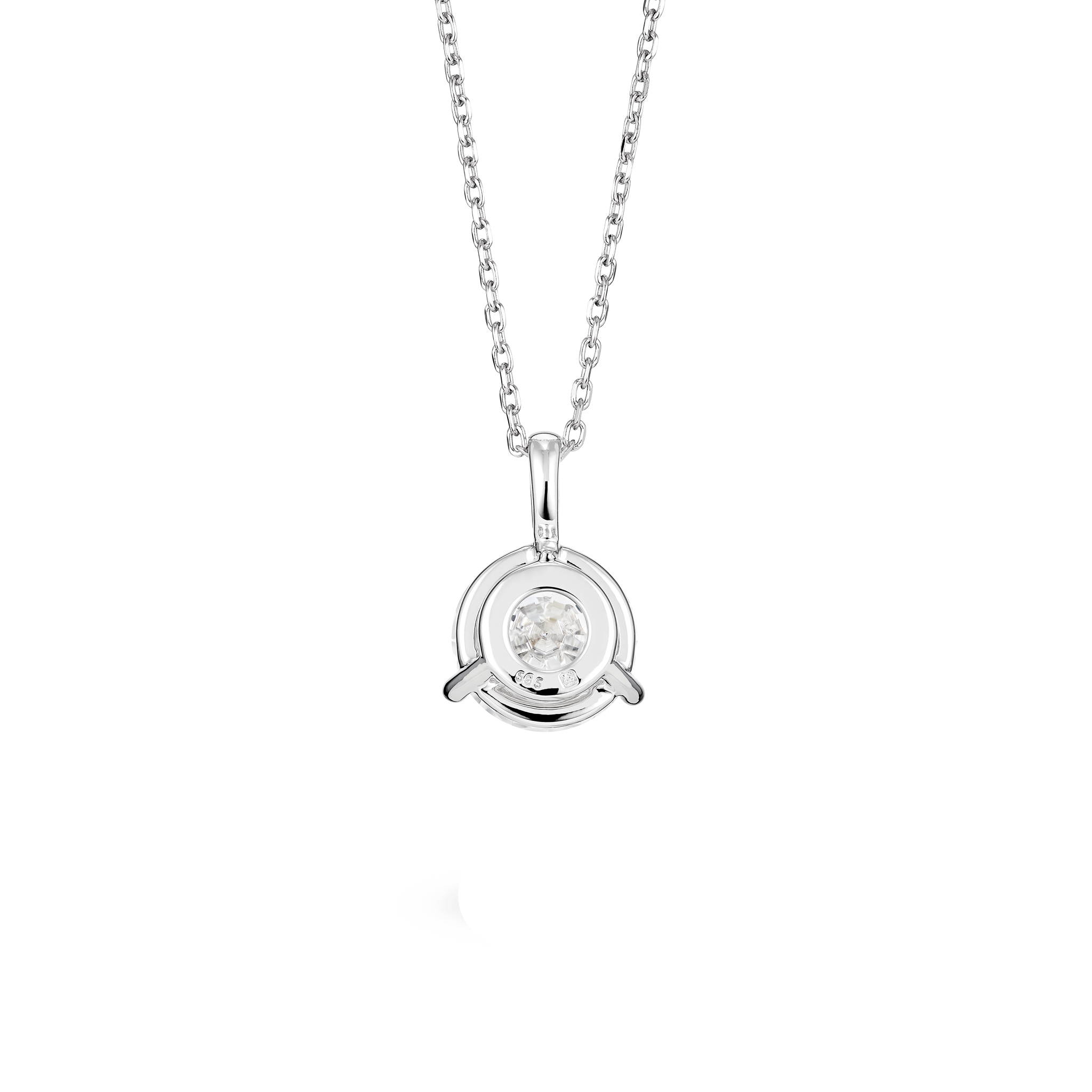 Back view of white gold, lab-grown 2 carat round brilliant bale pendant