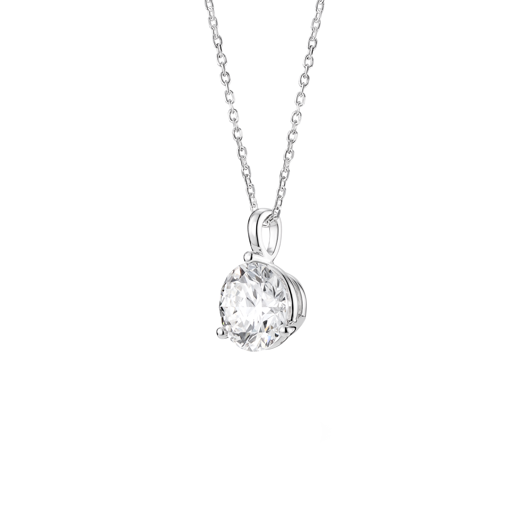 Side view of white gold, lab-grown 2 carat round brilliant bale pendant