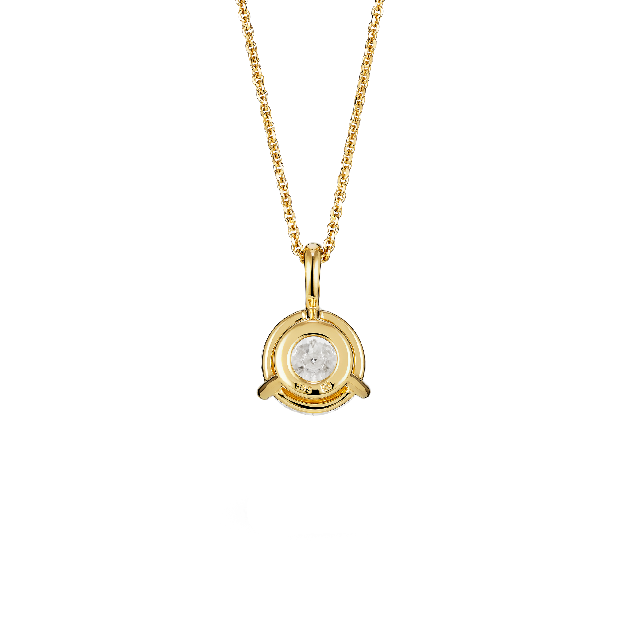 Back view of yellow gold, lab-grown 2 carat round brilliant bale pendant