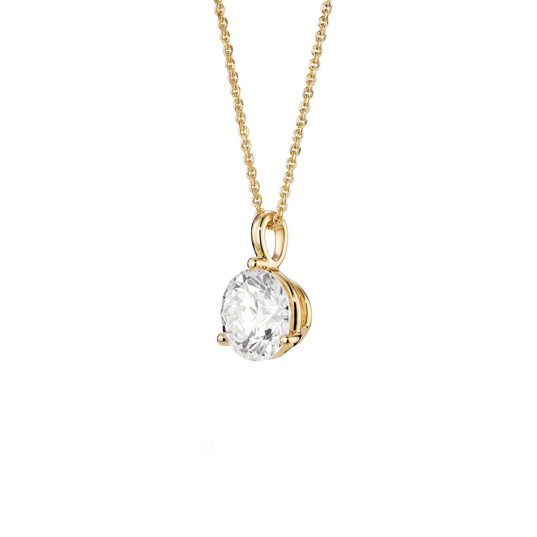 Side view of yellow gold, lab-grown 2 carat round brilliant bale pendant