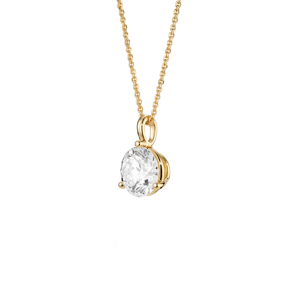 Side view of yellow gold, lab-grown 2 carat round brilliant bale pendant