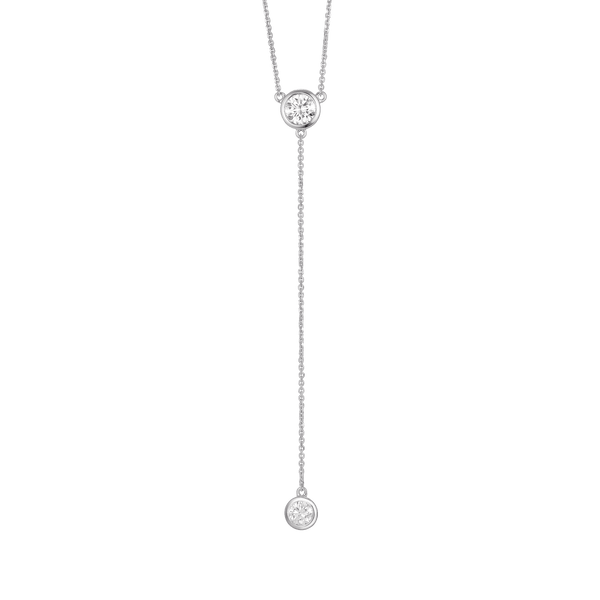 Front view of white gold 0.75 carat total weight bezel lariat pendant