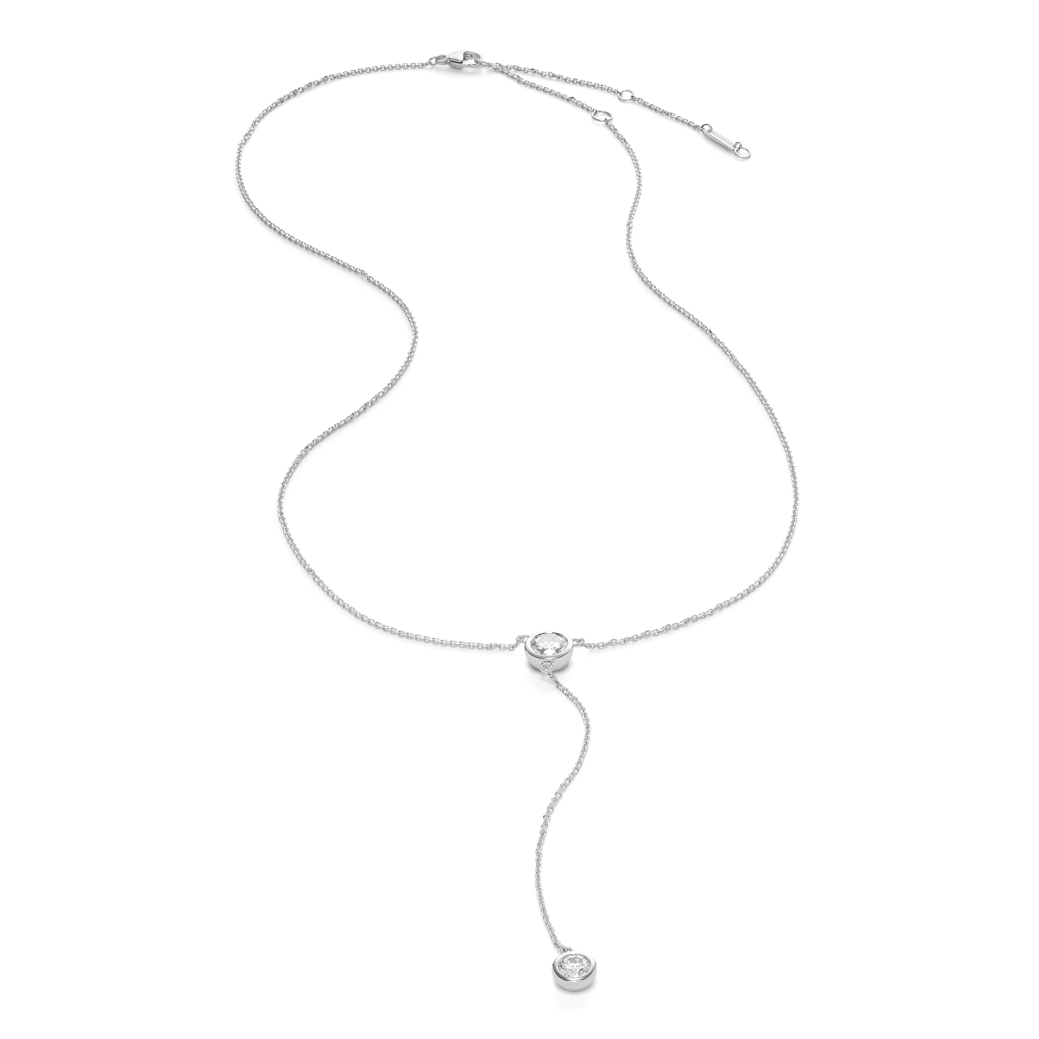 Overview of white gold 0.75 carat total weight bezel lariat pendant