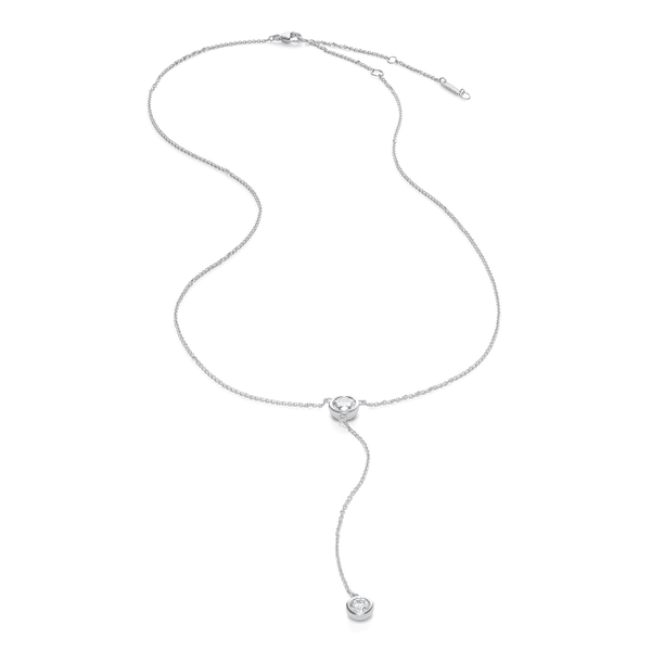 Overview of white gold 0.75 carat total weight bezel lariat pendant