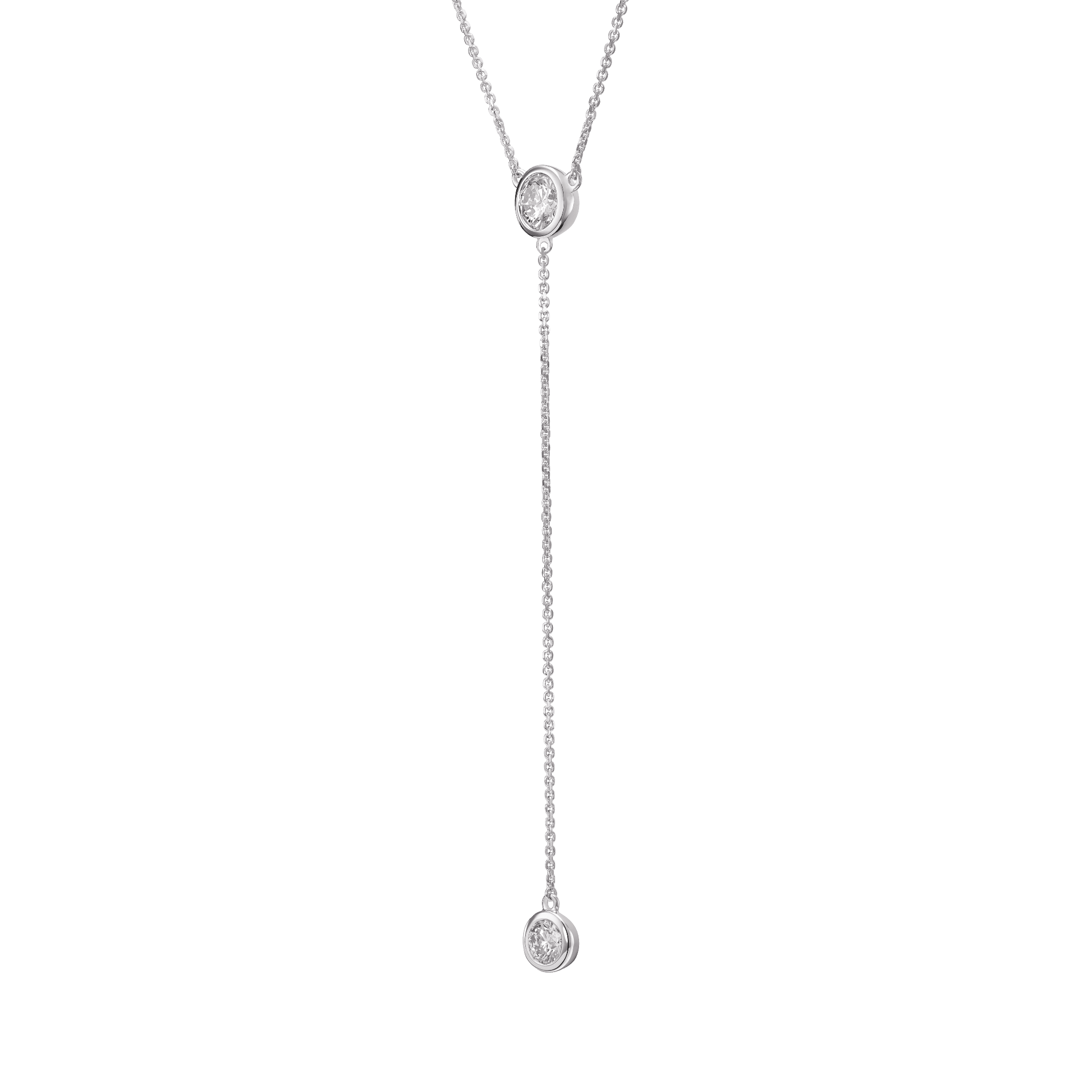 Side view of white gold 0.75 carat total weight bezel lariat pendant