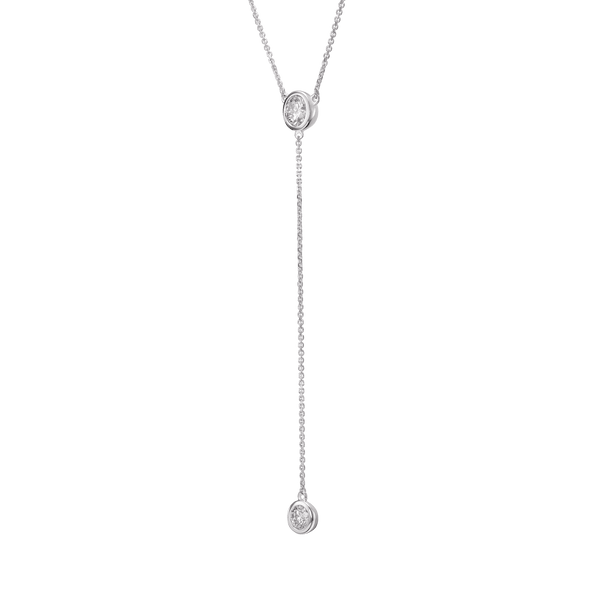 Side view of white gold 0.75 carat total weight bezel lariat pendant